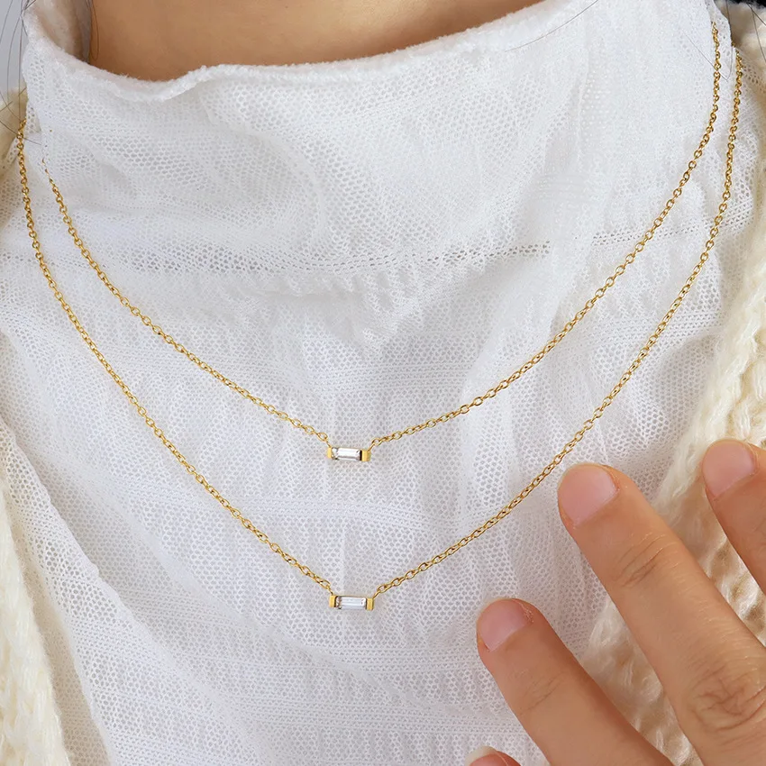 Minimalist Jewelry Stainless Steel 18k Gold Plated Square Zircon Stone Necklace for Women Crystal Pendant with Cable Chain