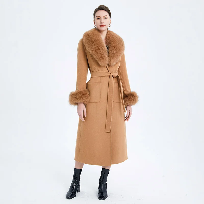 Custom Fox Fur Collar Cuffs Long Cashmere Trench Coat Women Solid Color Camel Wool Coat