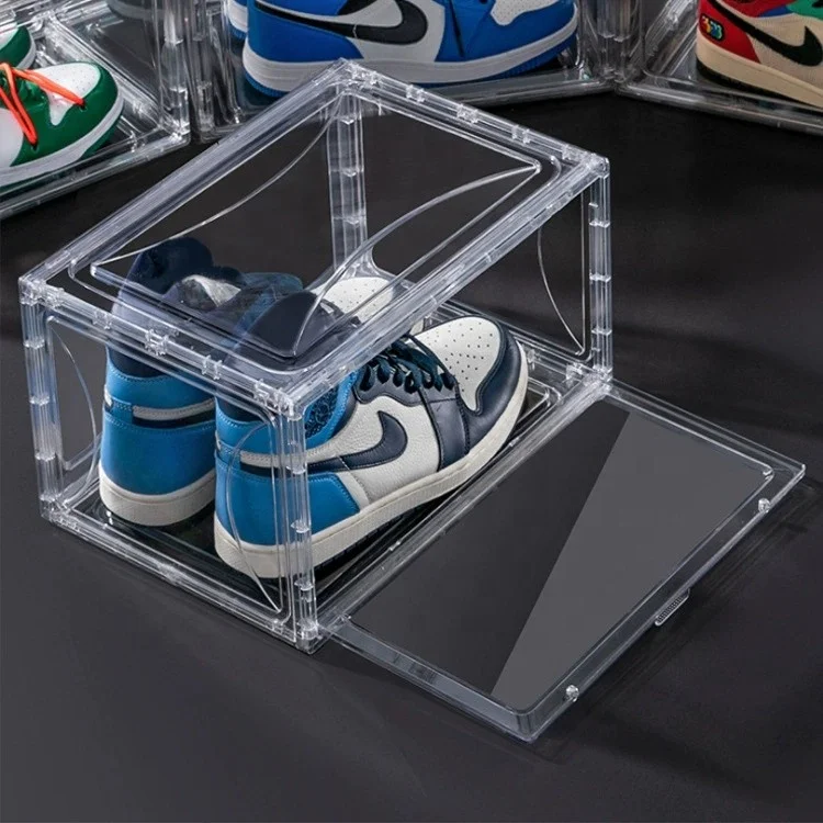 Fashion Acrylic Plastic Magnetic Side Open Stackable Folding Clear Display Shoe Storage Box For Organizer Basketball Sports Shoe