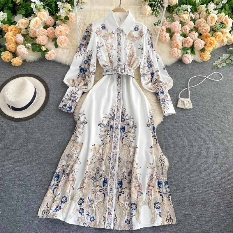 Dress Long Women Retro printing temperament shirt collar fashionable bubble sleeves slim long dress