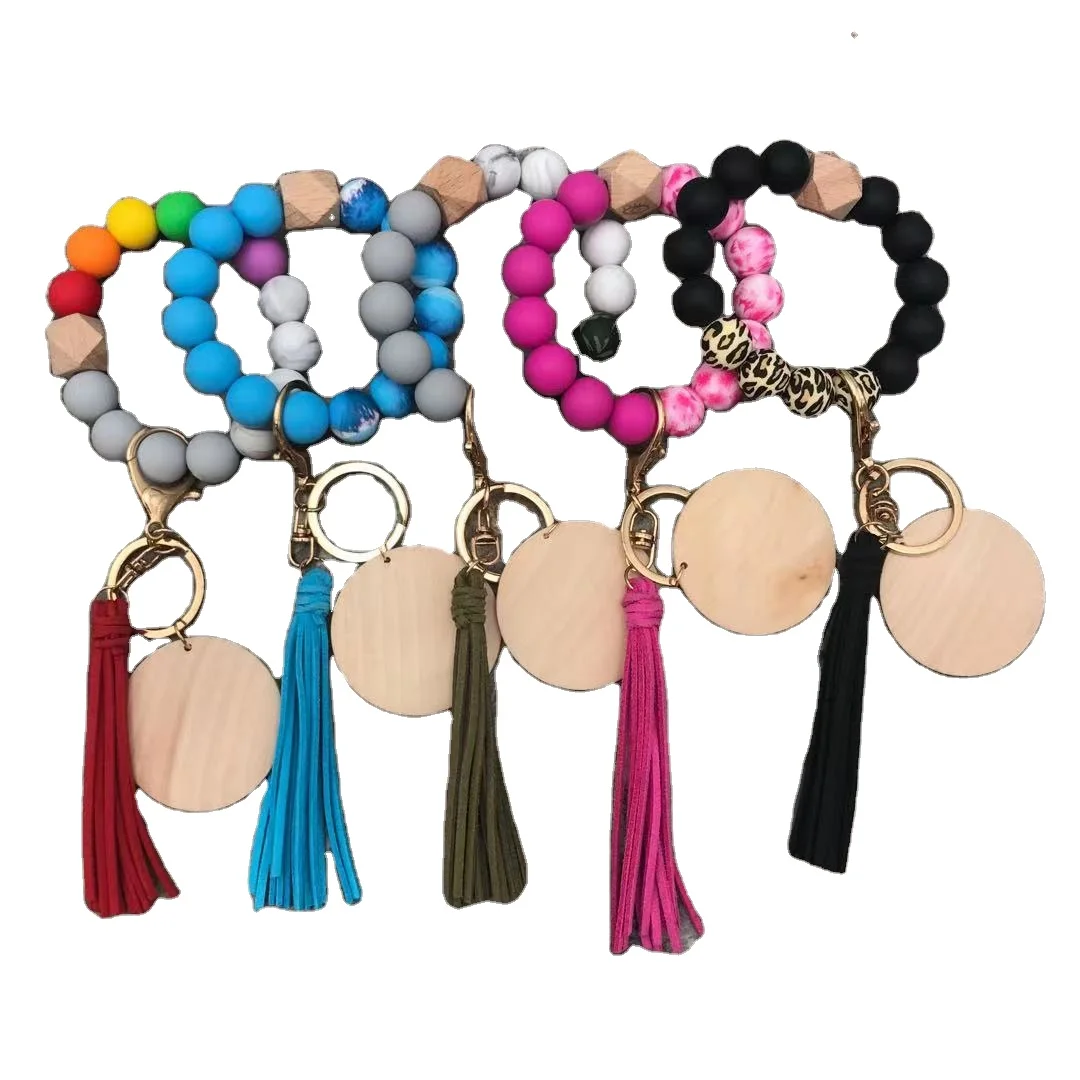 Wholesaler Silicone Bead Bracelet Keychain With A Wooden And Round Wood
