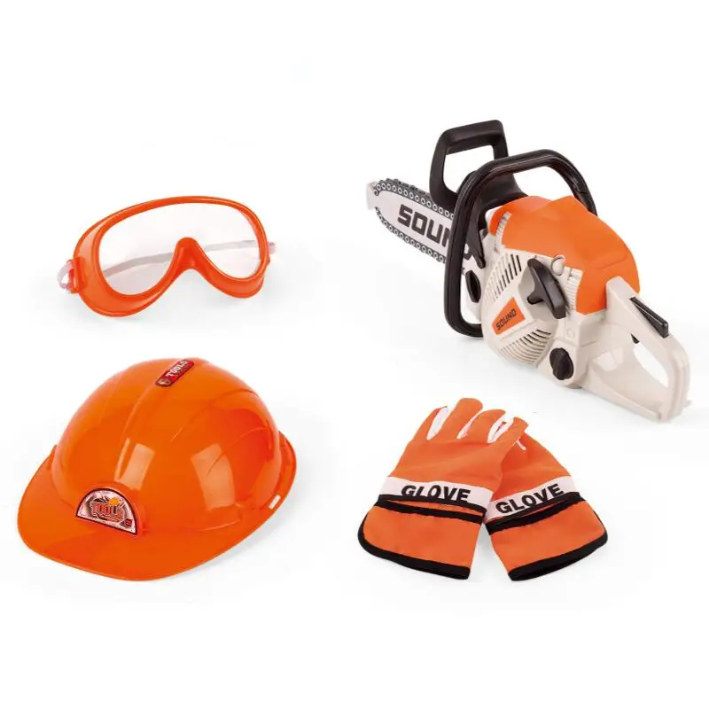 Powerful electric chainsaw tool set with cap glasses and glove toys for kids pretend play game