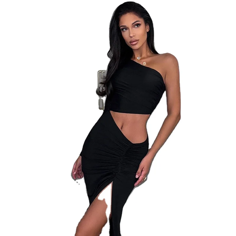 Hot Selling Summer New Fashion Sexy Dress Slanted Shoulders One-sleeve Open Waist Slit Mid-length Dress