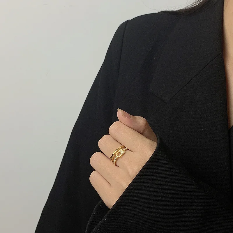 Cheap wholesale sterling silver 925 jewelry gold plated rings double layer line key lock open ring