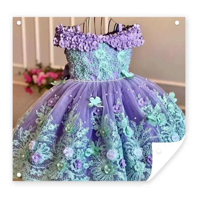 2024 New Design High Quality Luxury Purple Tulle Fluffy Bowknot Applique Birthday Party Show Dress Formal Girls Princess Dresses