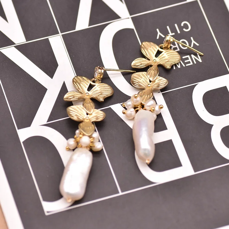 Ladies Vintage Pearl & Leaf Gold-Plated Copper Earrings - Bohemian Jewelry