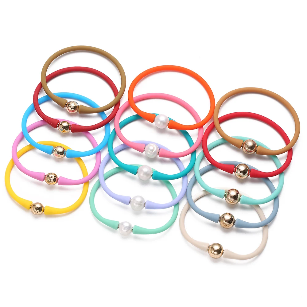 Promotional Gifts custom silicone bracelet hand,rainbow silicone wristband bead rubber Fresh water pearl bracelet