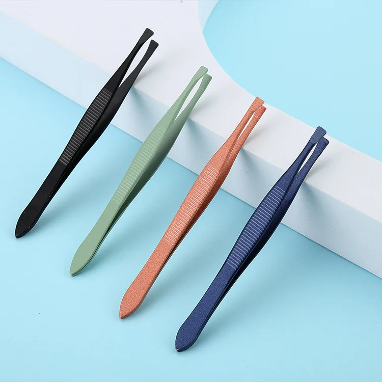 Personalized Professional Flat Tip Black Rose Gold Stainless Eyebrow Tweezers Colorful Makeup Eyelash Tweezers Private Label