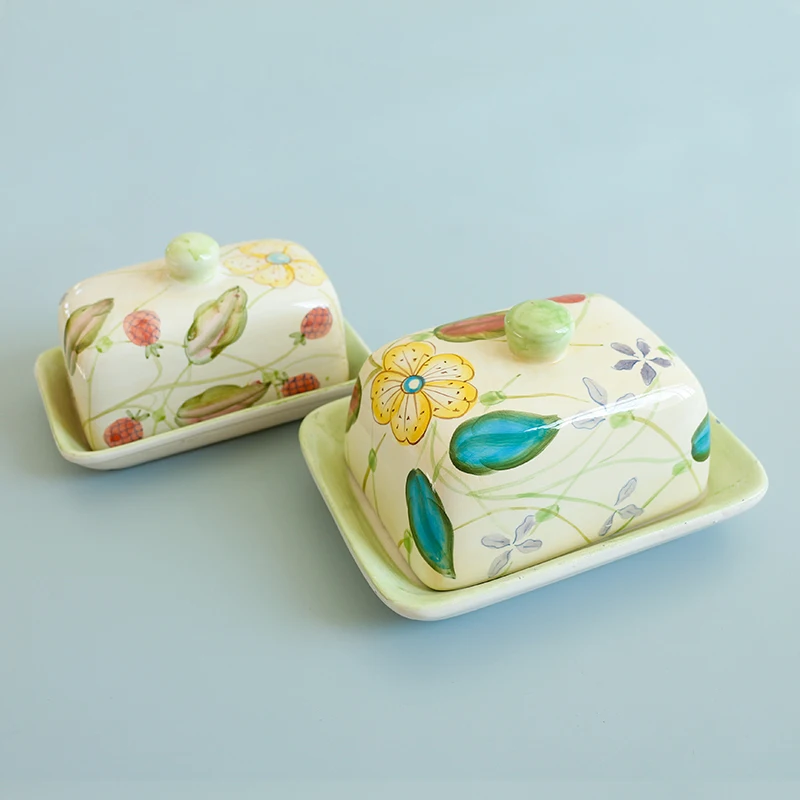 Hot Selling Rectangle French Ceramic Butter Dish Cheese Storage Ceramic Holders Dishes With  Lid