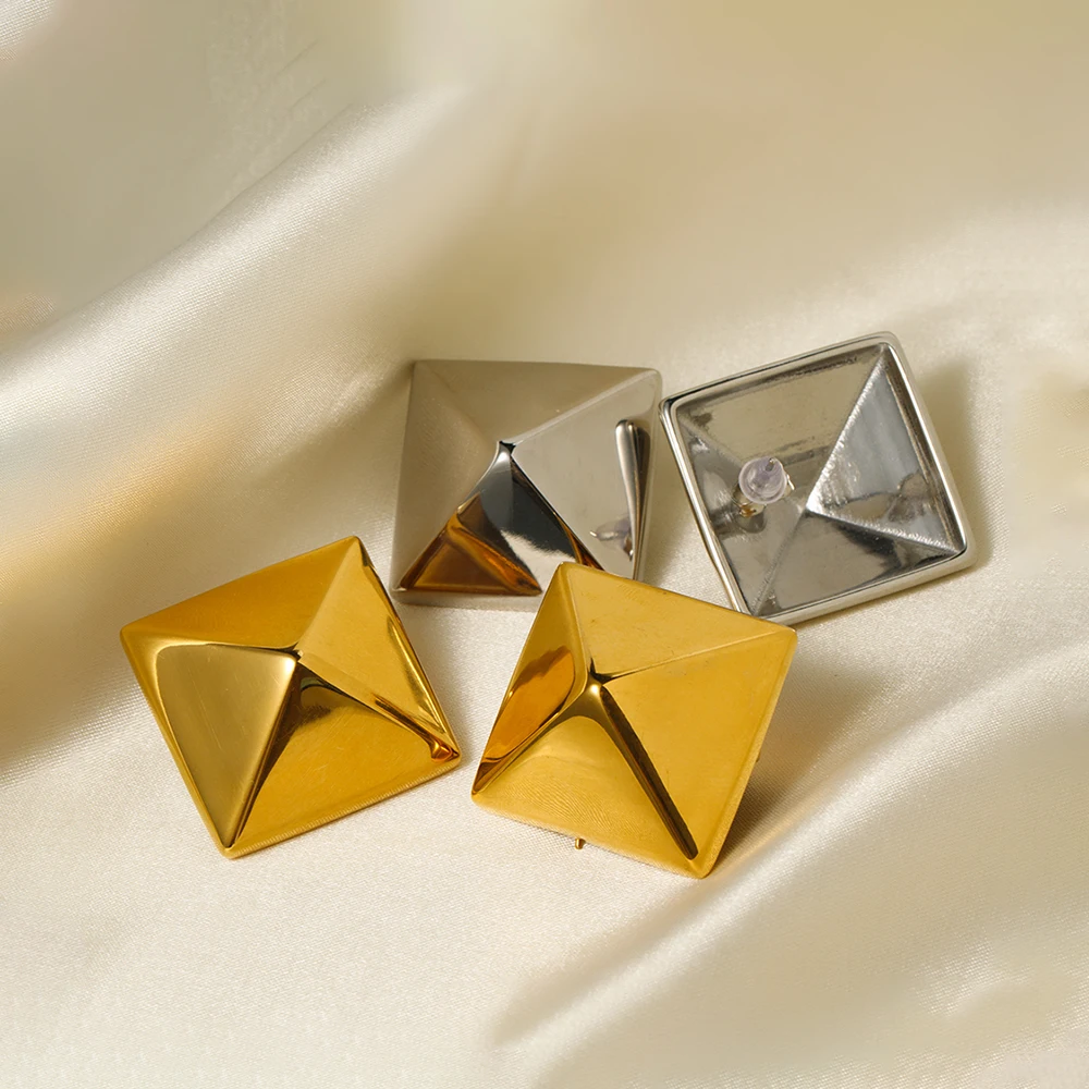J&D 18k Gold Stainless Steel Jewelry Geometric Cut Surface Triangle High Quality Polish Smooth Rivet Earring