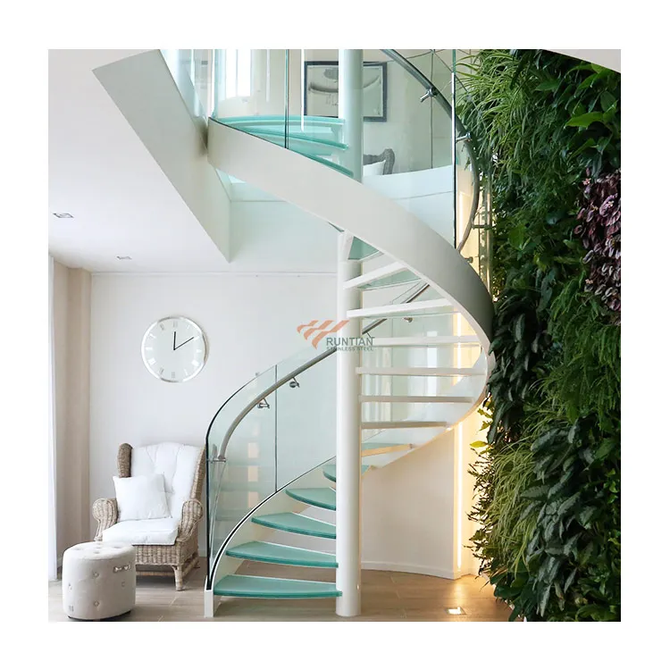 Modern bespoke building indoor warehouse loft stair oak wood metal step helical spiral staircase