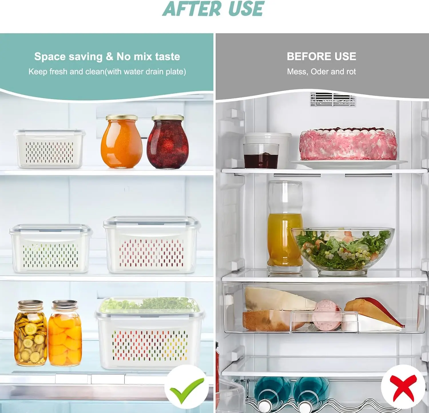 Modern Design BPA-Free Refrigerator Storage Container Box Storage Lockers Rectangle Vegetable Storage Box with Drain Basket