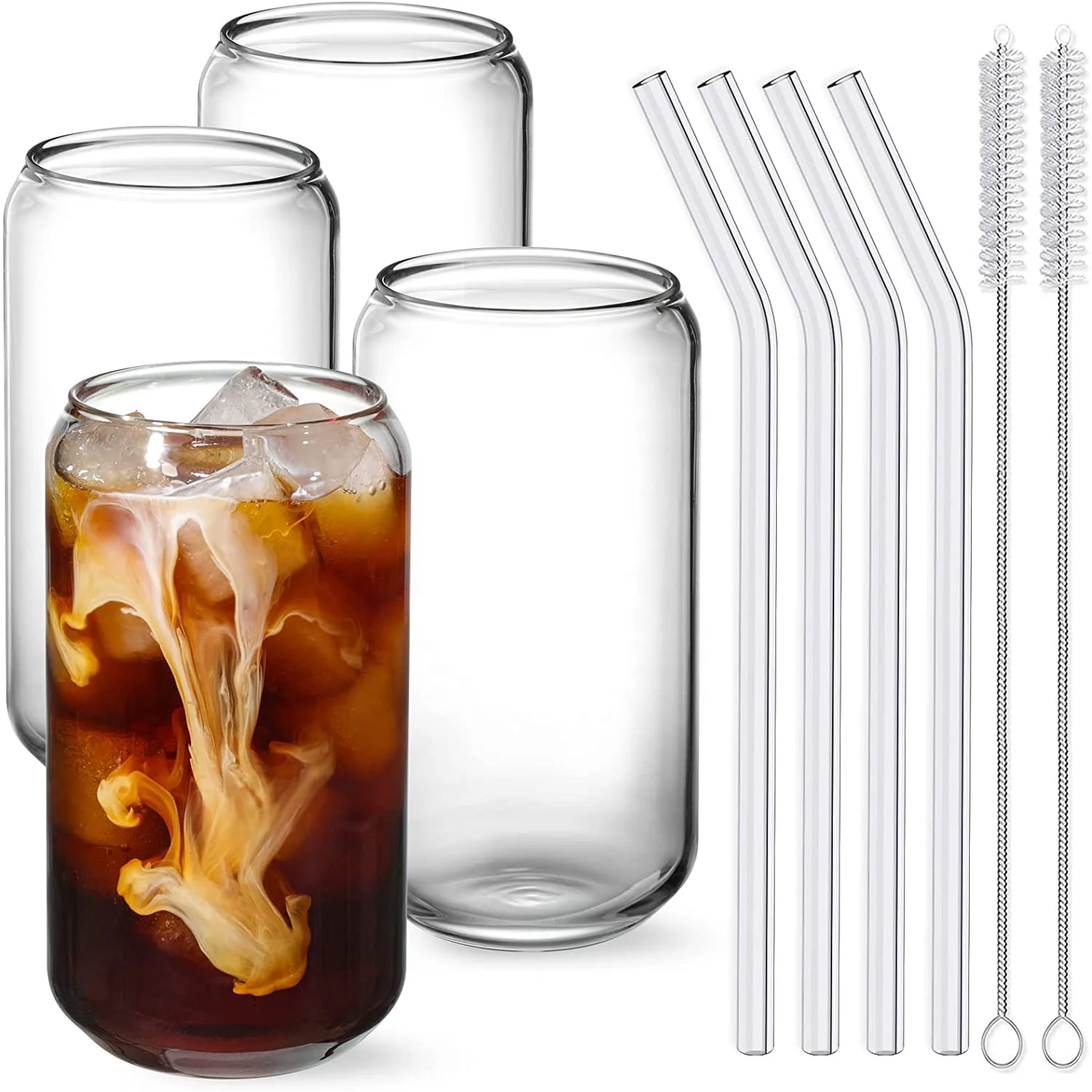 Drinking rounded rim 16oz Can Shaped Glass Cups with 4pcs reusable Glass Straw and 2 Cleaning Brushes