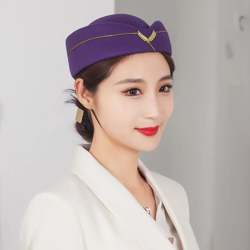 Wholesale Airline Stewardess Hat Fashion Girls Wool Beret Hat Women French Cap Cosplay Prop Stewardess Uniform