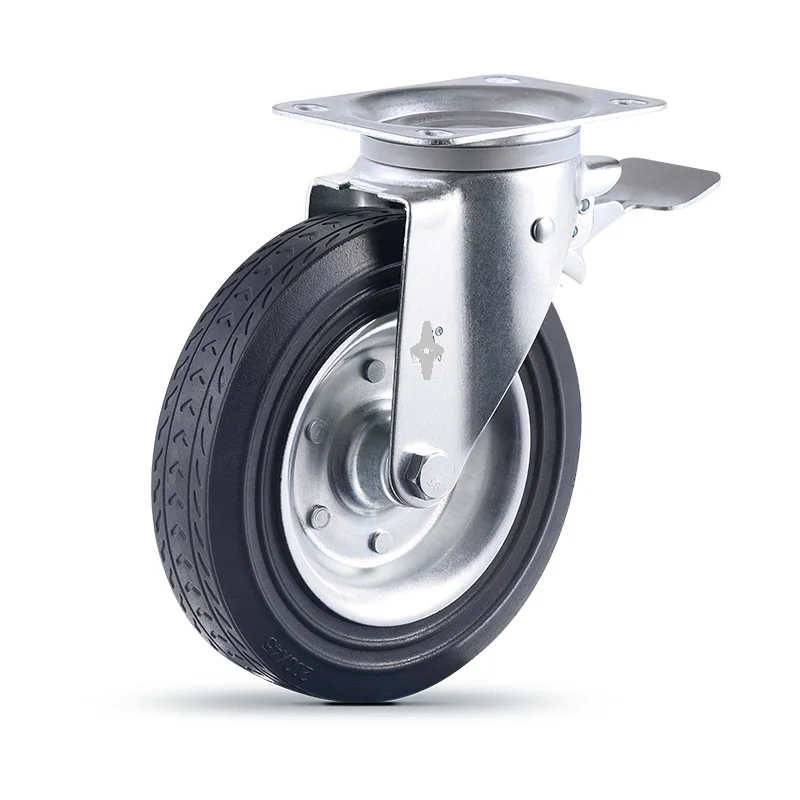 8 Inch 200mm load-bearing wear-resisting heavy duty rubber caster and wheel for waste bin with brake