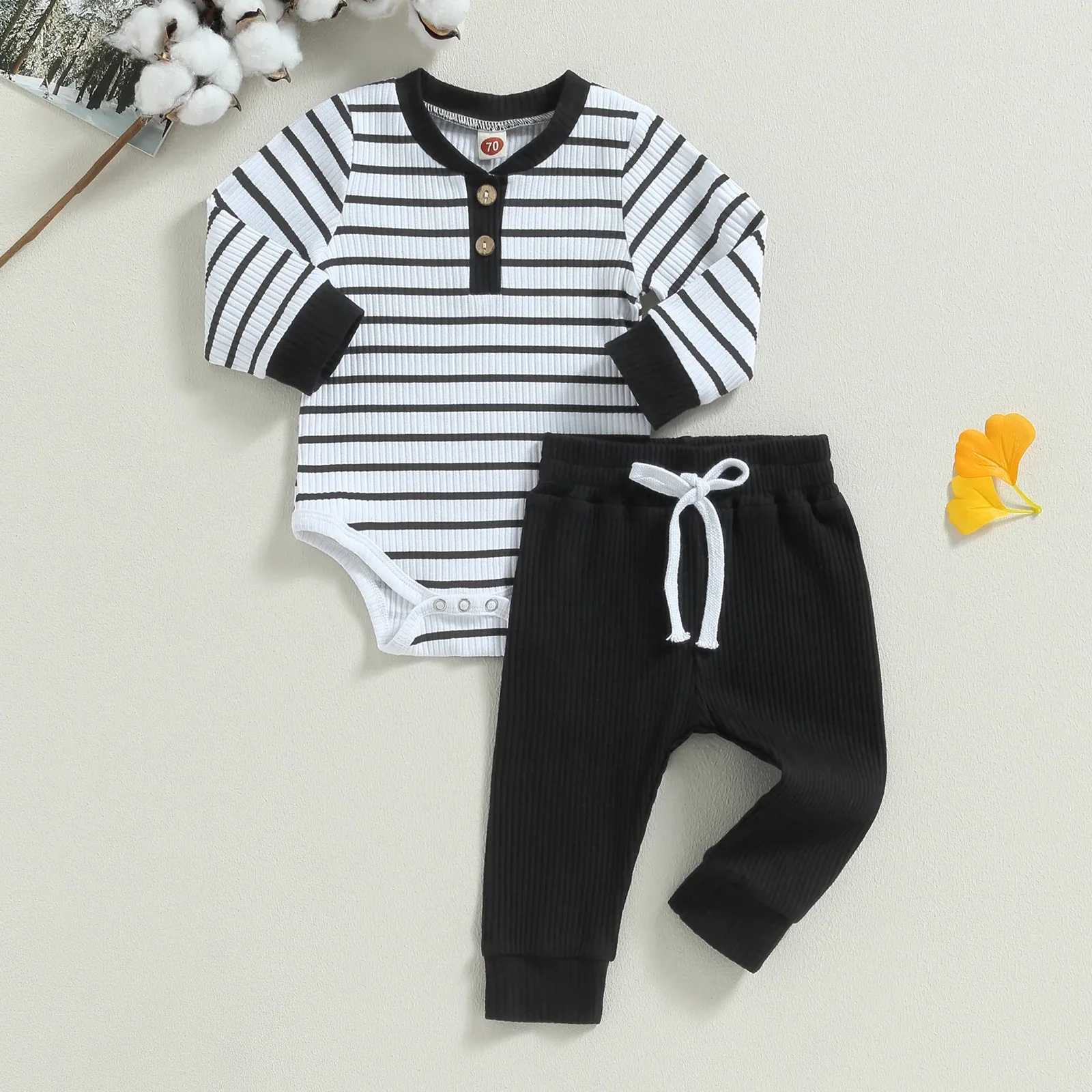 Newborn Baby Outfit Sets Long Sleeve Striped Romper Solid Color Long Pants Baby Boys Outfit 0-3 Month