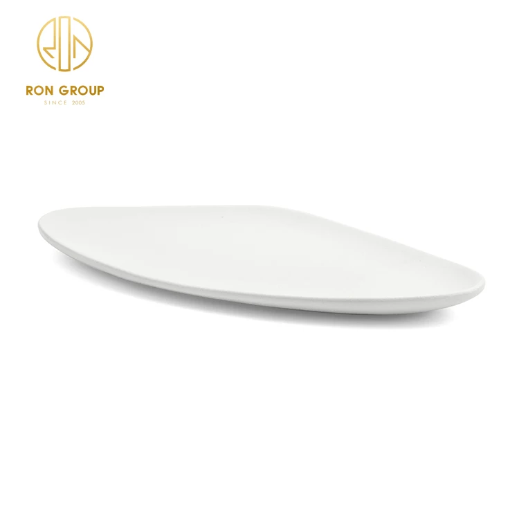 Hot selling unique matte white color frosted triangular shape dinner charger plate for steak pasta sushi ceramic narrow plate