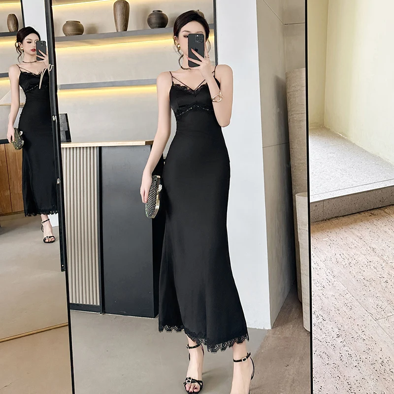 ZYHT 9660 Long Sexy One Piece Cami Black Satin Lace Luxury Elegant Party Formal Mermaid Gowns Prom Evening Dresses for Women