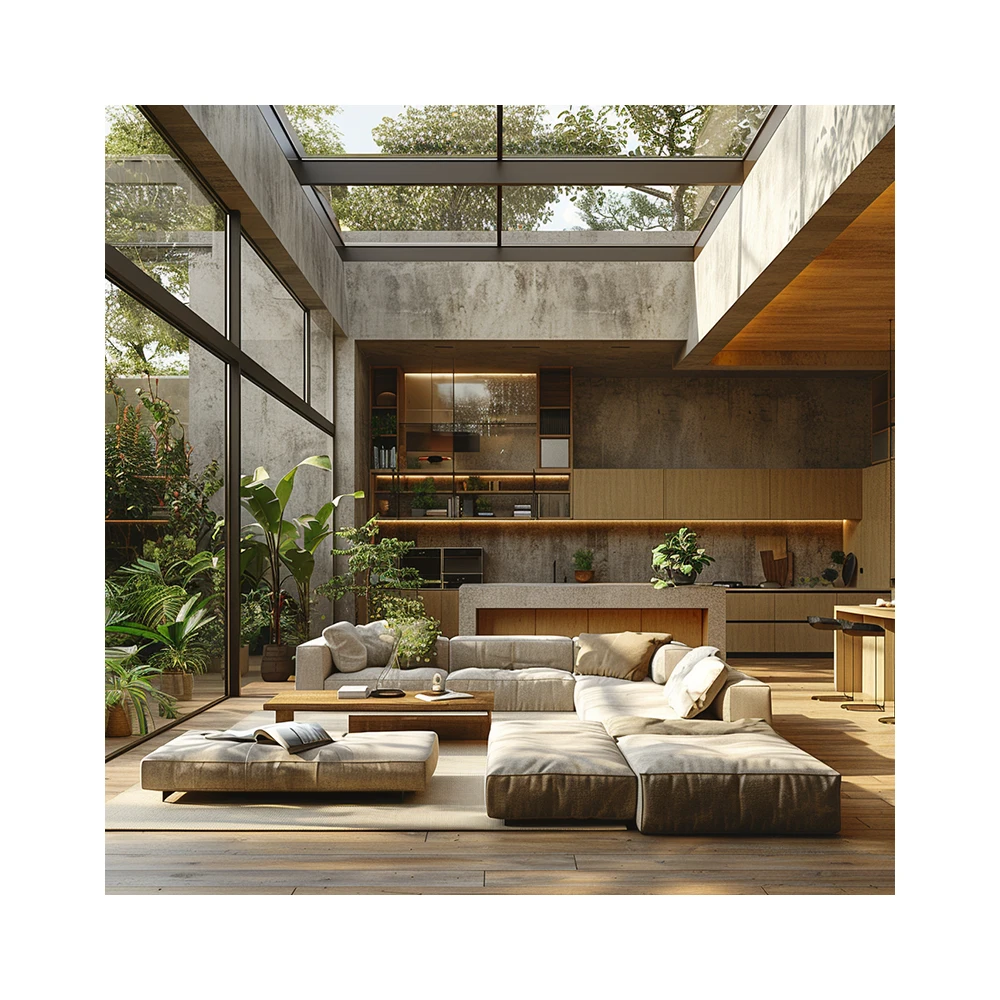 AI Creative Concept Design Contemporary Living Room With High Ceiling Space Wooden And Cement Style Design 3D Rendering Service