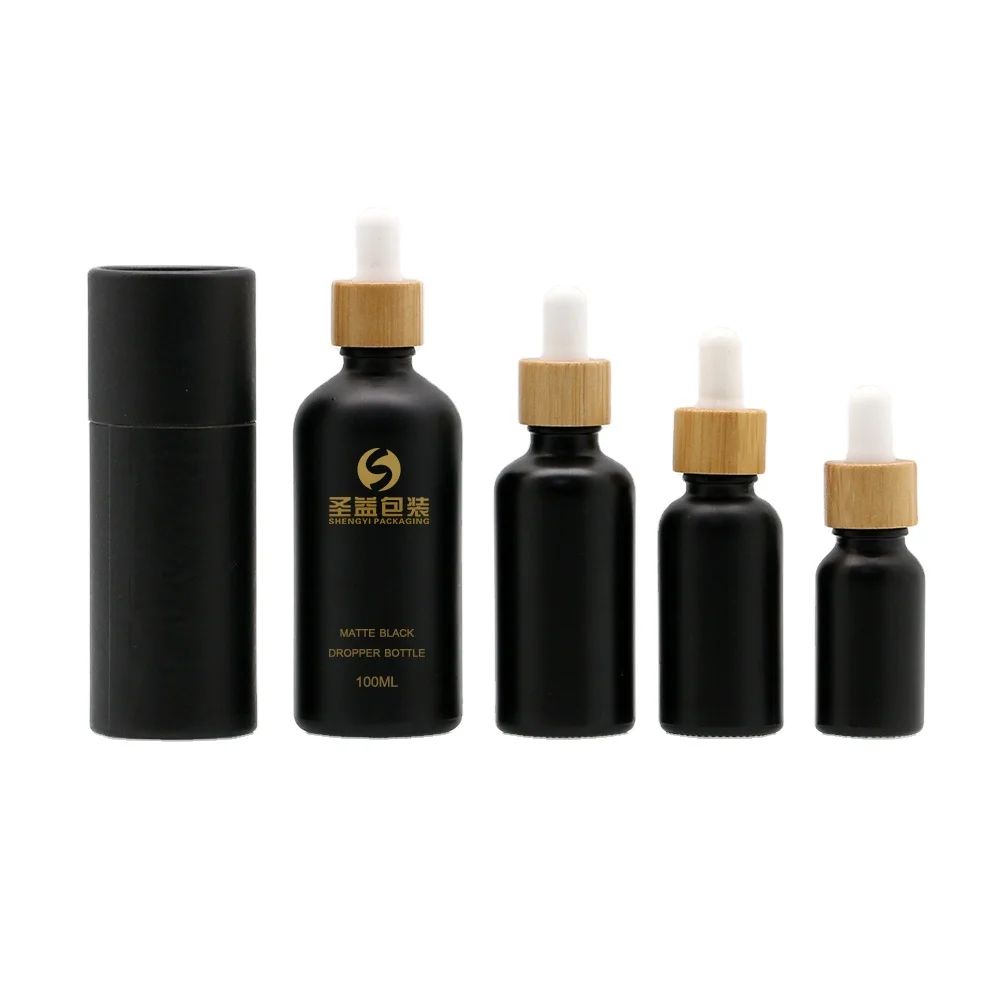 Cosmetic Packaging Matt Finished Black frost essential oil serum CBD oil  herb hemp Glass Dropper Bottle with Bamboo Cap
