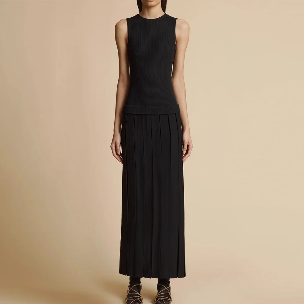 Knitwear Manufacturer Custom Autumn Winter fake two-piece look Pleated ribbed wool blend mid-length dressSleevelessKnit Sweater