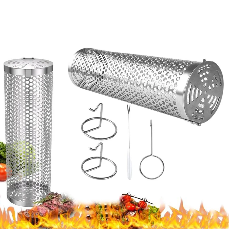 Portable Stainless Steel Rolling Grilling Basket Outdoor Camping BBQ Mesh Vegetable Meat Rotation Barbecue Stick Cleaning