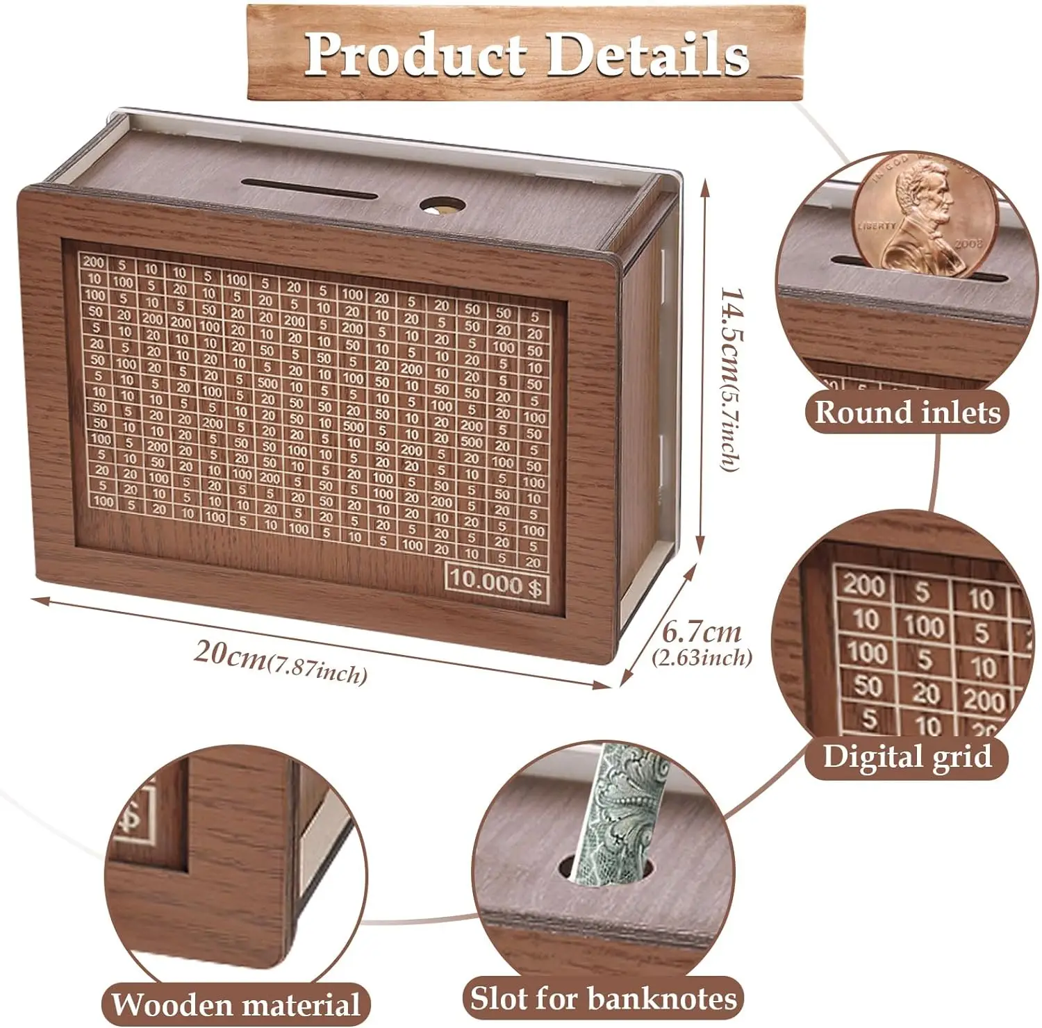 custom mini coin cash drop bank for kids wooden money savings box Cash Vault with Money Goal and Numbers to Cross