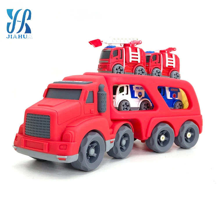 High quality cool cartoon fire truck inertial sound and light double decker kids truck diecast toy vehicles diecast model car