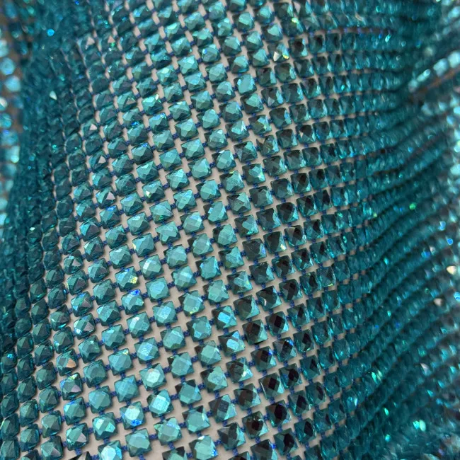 Glass clear crystal sapphire blue stretch strass rhinestones mesh net fabric korean rhinestone fabric for garment dress