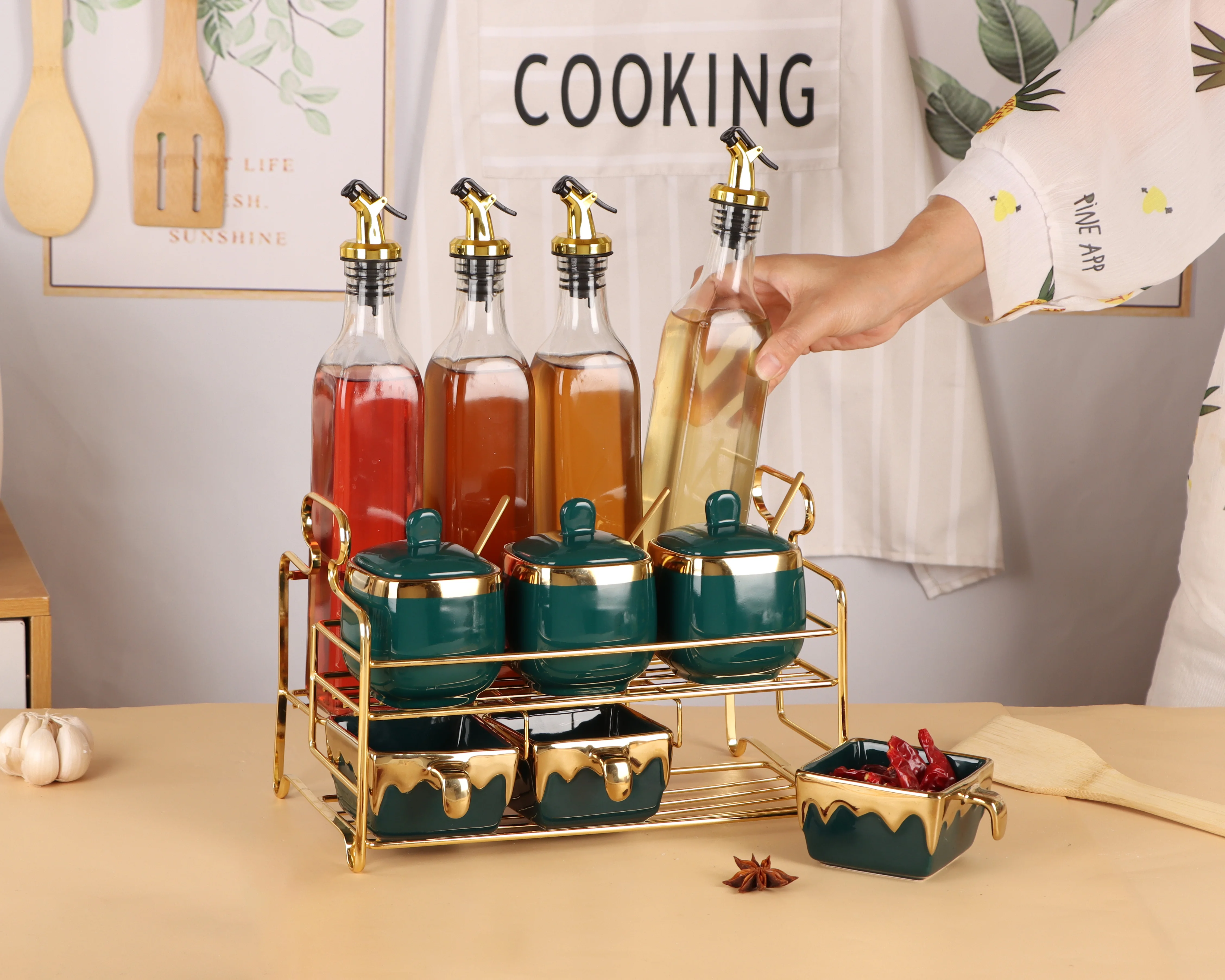 Kitchen Ware decor glass oil vigenar bottle ceramic tea  coffee sugar canister green jar with gold rim ceramic and glass kitchen