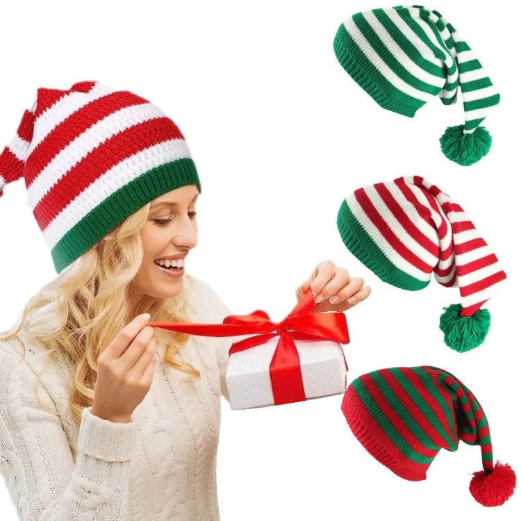 Winter Christmas Beanie Santa Hat Red and Green Knit Crochet Cap Santa Beanies Gift Family Christmas Hat for Adults and Kids