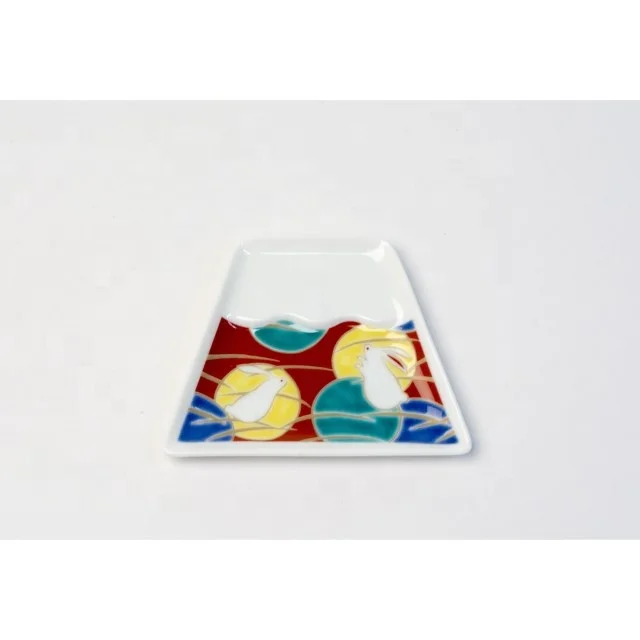 Traditional Japanese Scenery Mt. Fuji-shaped Kutani Yaki Ceramic Tableware Great Print Technique MF-23 MAMEFUJI Small Dish Wave