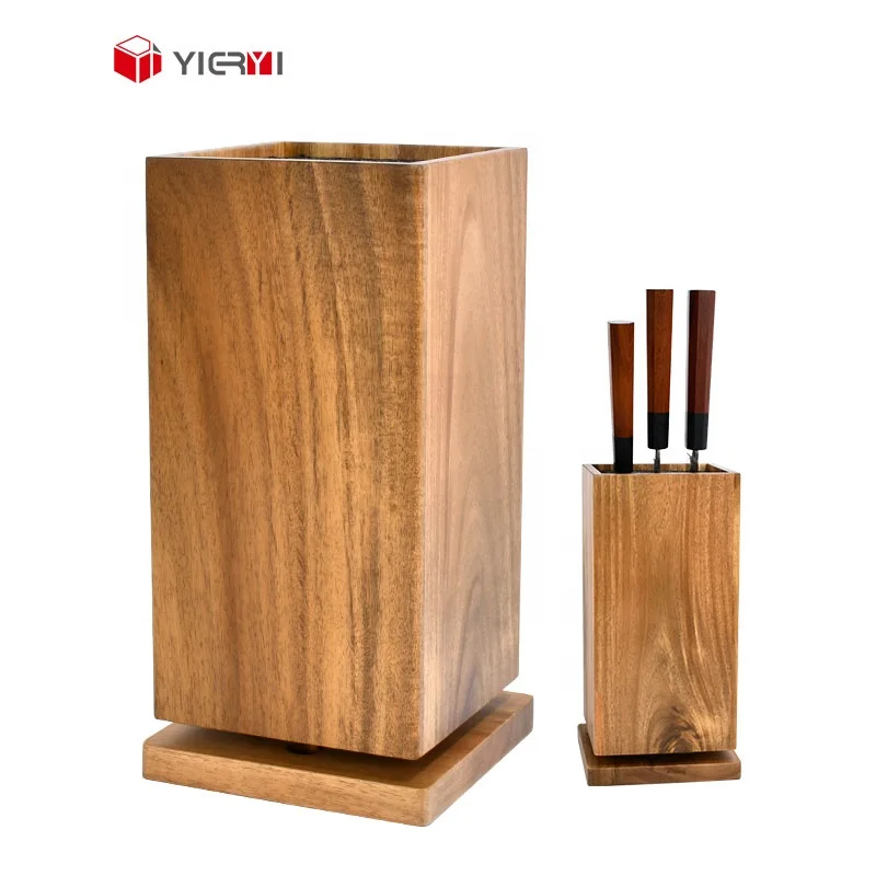 Acacia Wood 360 Degree Universal Knives Holder With PP Core Slot Rotating Acacia Wooden Knife Block For Kitchen Countertop