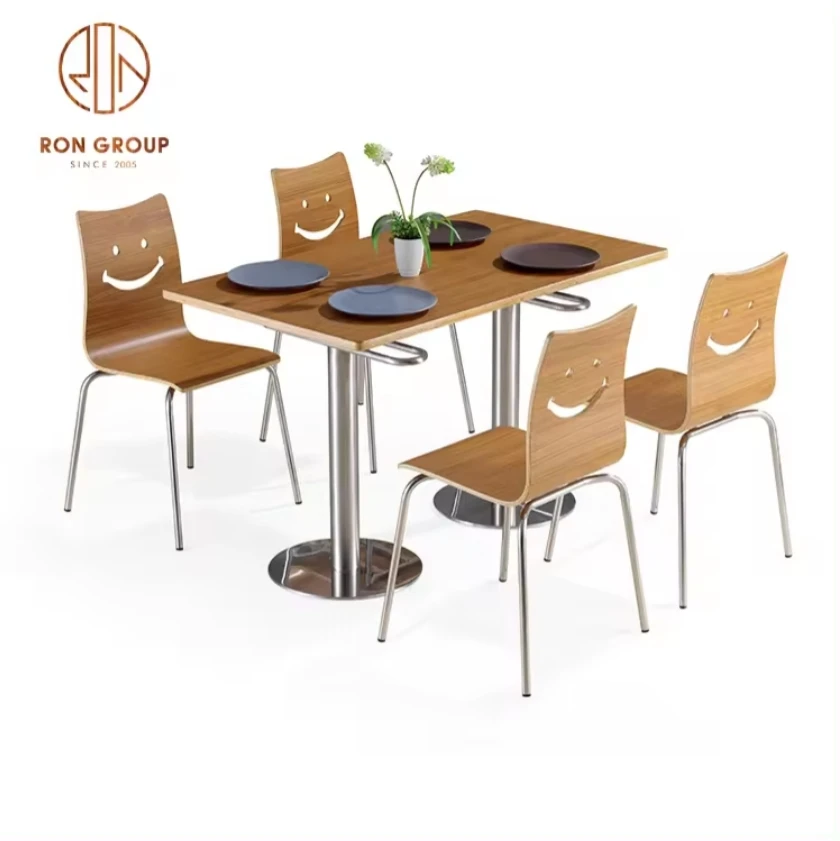 Commercial OEM Student Cafeteria Fast Food Dining Restaurant Furniture Bent Plywood Canteen Table and Chair with Curved Backrest