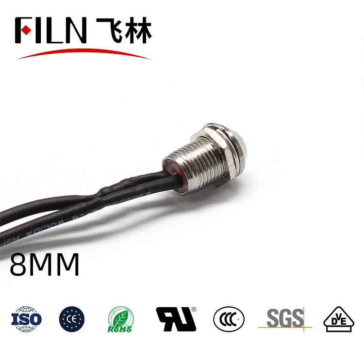 8mm short Waterproof IP67 LED Metal Warning Indicator Light Signal Lamp Pilot + wire 3V 5V 6V 12V 24V 110V 220v Red Yellow Blue