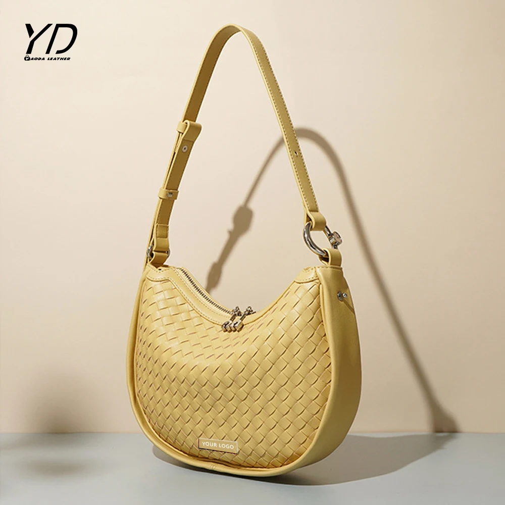 Factory hot sale fashion trends vintage handbags Genuine Leather woven Crescent armpit Shoulder Bags for women