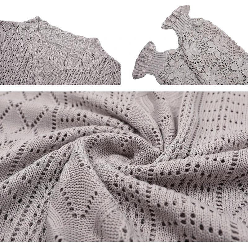 2022 womens sweaters loose solid color knitwear hollow out lace knitted pullover sweaters