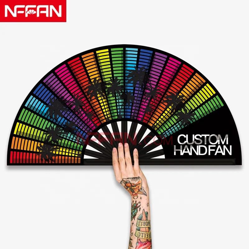 Custom Printed Large Clack Bamboo Folding Rave Hand Fans Wholesale for Festivals or Event