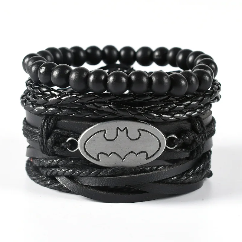 BINSHUO Manufacturers Wholesale Hip Hop Man Jewelry Retro Leather Pirate Punk Beaded Multi-layer Leather Woven Bracelet 4pcs/Set