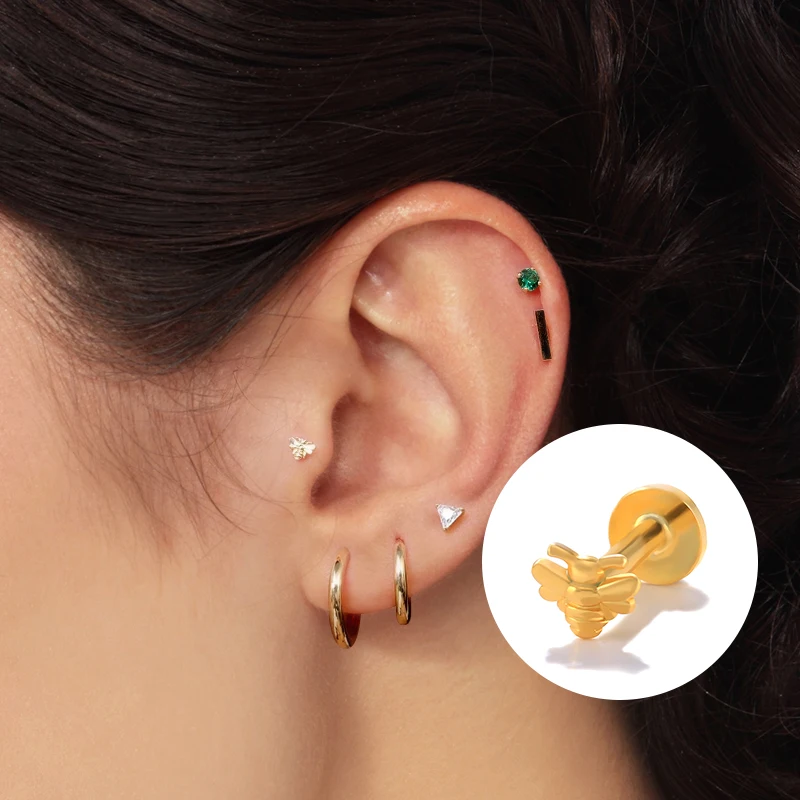 QLEESI 2022 Small Bee Labret Piercing Internal Thread 925 Silver Body Jewelry 16G Wholesale Earrings