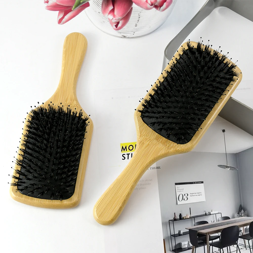 Private Label Boar Bristle Hair Brush Large Square Bamboo Combs Detangling Hair Brush