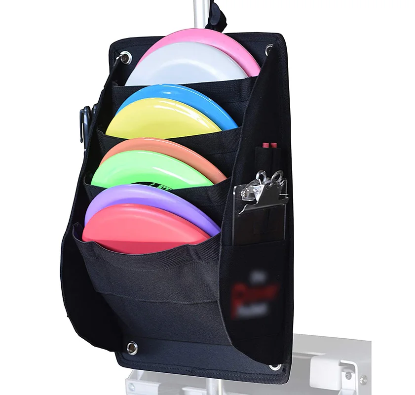 Disc Golf cart Pouch with rain fly Holds 8 Putters includes 2 Side Pockets for Scorecard Clipboard, Mini Disc and Pencil