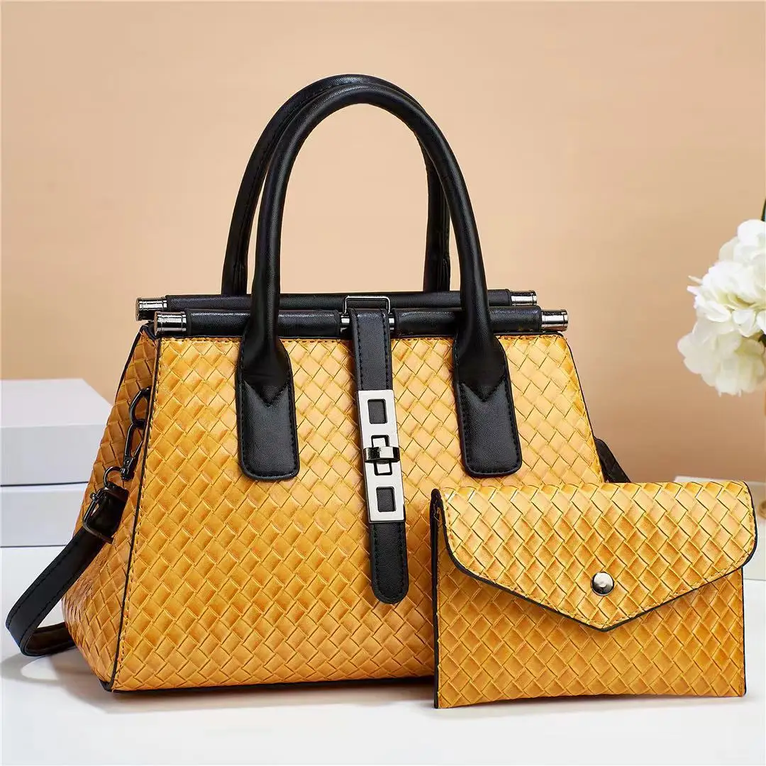 Wholesale woven women purse and handbag fashion shoulder pu leather hand bag set