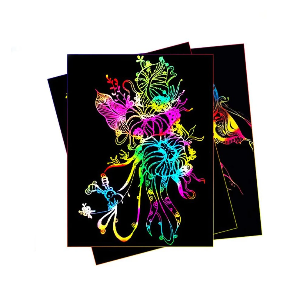 Magic Kids Painting Art Stickers Rainbow Silhouette Black Scratch Off Paper