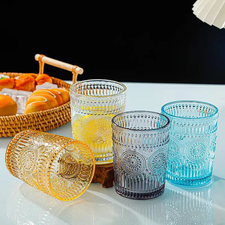 300ML Vintage Romantic Glassware Cocktail Colorful Embossed Sunflower Drinking Glasses For Bar Home