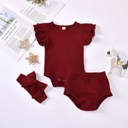 Children Summer Kids Clothing Flutter Sleeve Cotton Tank Top Infant Toddler Baby Clothes Sets Girls 3 pcs Rib Outfit Cloth Set
