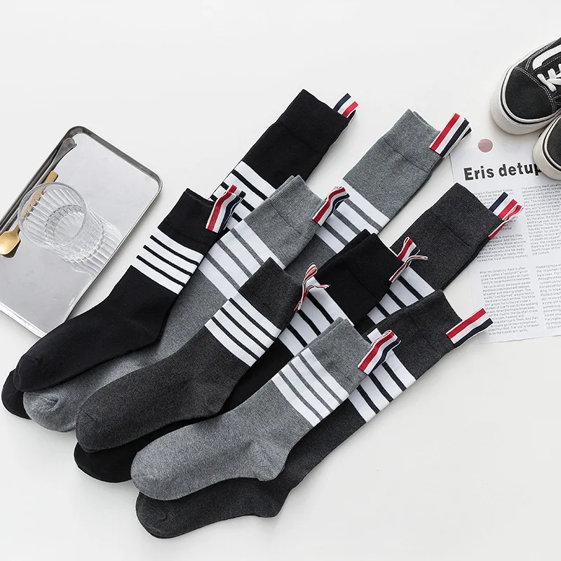 European and American fashion brand new four-bar gray mid-calf socks fashion elegant over-the-knee pure cotton stockings