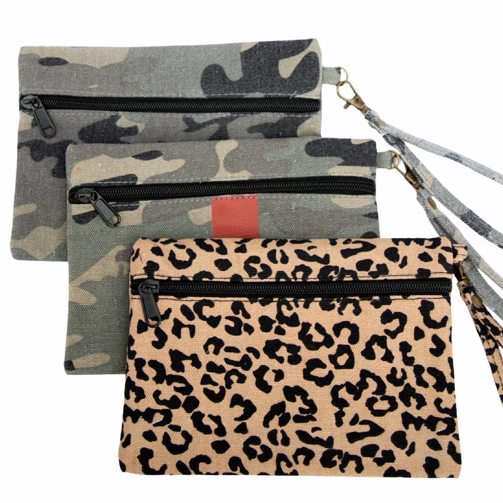 Wholesale Custom Canvas Camo Clutch Handle Purse Cheetah Leopard Clutch Wristlet for Women