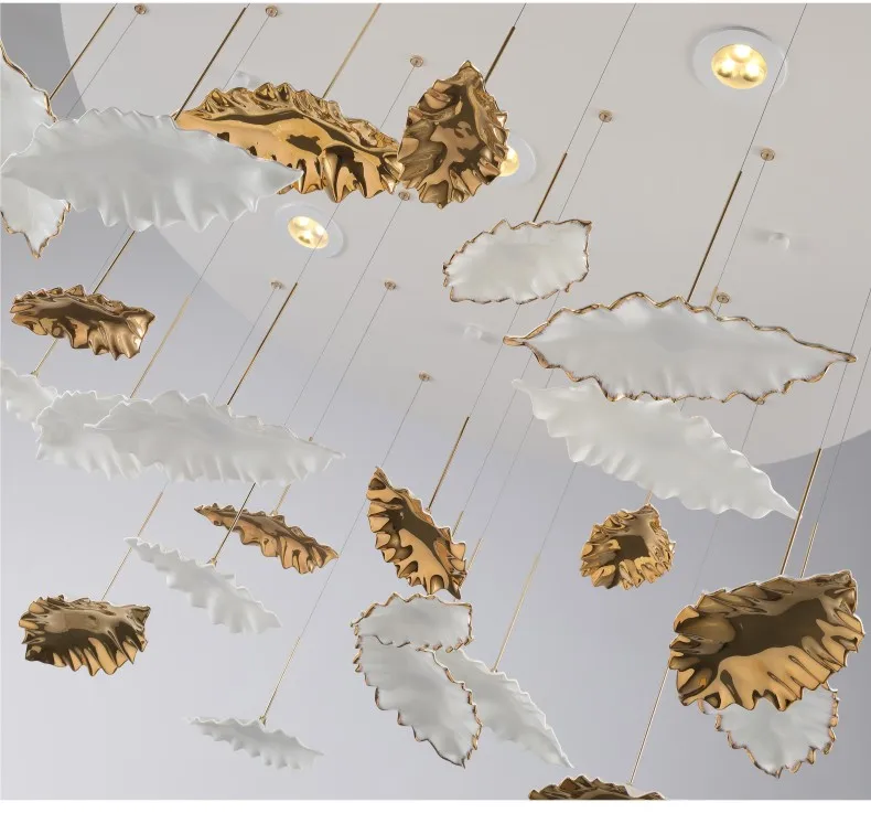 MARSDEN customization 24K gold rich expensive ceramic leaves white color villa high ceiling chandelier