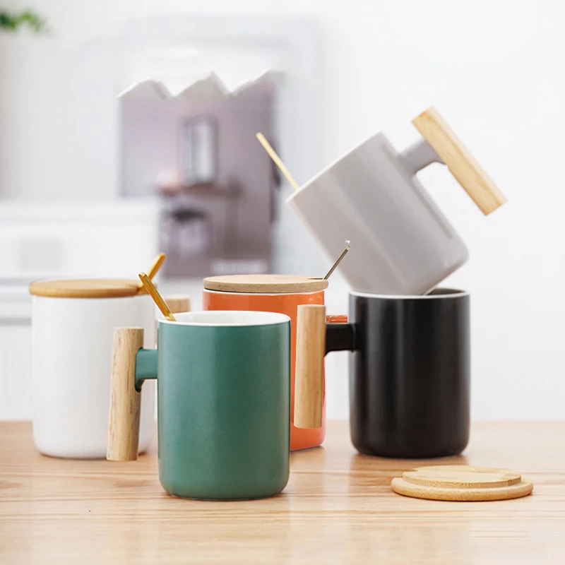 14 oz matte black grey exquisite logo unique vintage customized ceramic mugs with wooden handle bamboo lid and stir spoon